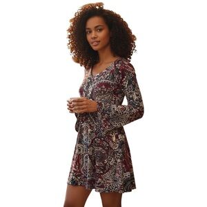 Paisley Bell-Sleeve A-Line Mini Wine Red by Connected, Size 6P Runs Generous